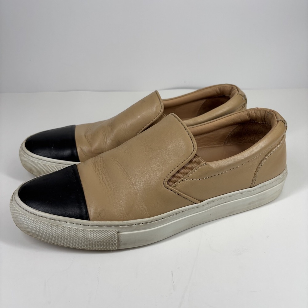 GREATS The Wooster Women's 10 Tan/Black Leather Cap Toe Casual‎ Slip-On Sneakers